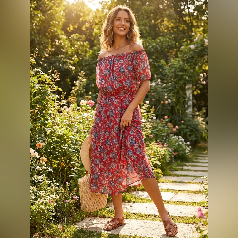 NEW ! AVA & AIDEN Floral Off-Shoulder Summer Beach Dress size L
